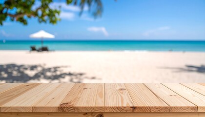 Fototapeta premium Wood table top on blurred beach background, relaxation and vacation concept