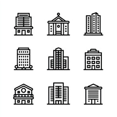 Set of building vector icons in minimalist style representing diverse architectural designs and urban structures perfect for digital interface design