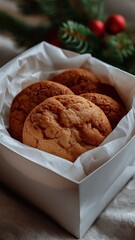 Festive christmas cookies in open white packaging for holiday gifting and celebration