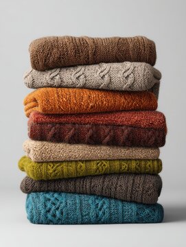 stack of autumn knitted sweaters or blankets on white background generative ai