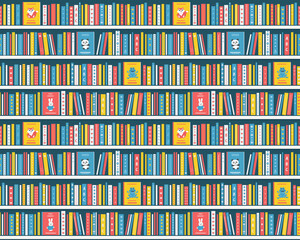Books on the BookShelves. Seamless Pattern. Bookshelves with Kids Books. Library Interior or Bookstore Interior. Children's books on the White Shelves. Vector illustration in Blue, Yellow, Red, White