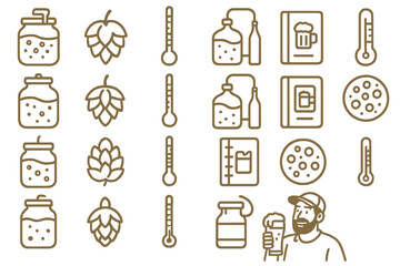 Brewing process with tools and ingredients including hops, thermometers, and logbooks showcased in a minimalist design