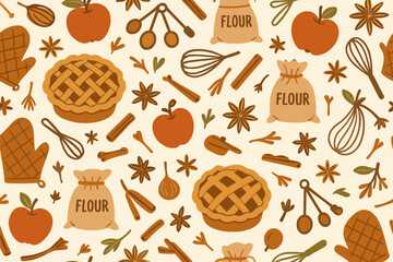 Kitchen baking design featuring flour, pies, and cooking utensils on a light background for home decor