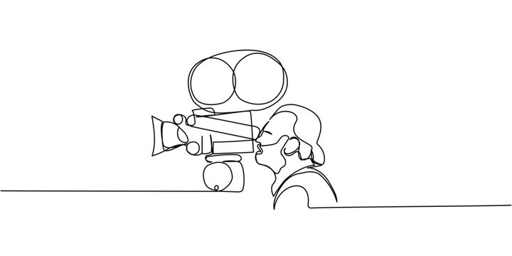 Minimalist line drawing of a vintage cameraman filming with old cinema camera, black and white outline style