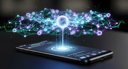 A smartphone displaying a complex network of interconnected nodes and data streams