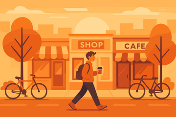 Urban stroll past cozy shop and cafe during golden hour with cyclist nearby in city setting