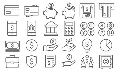 Financial icons representing saving, banking, and transactions in a modern digital context