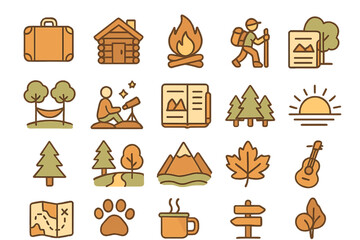 Adventure icons showcasing camping, hiking, and nature activities with warm earth-tone illustrations