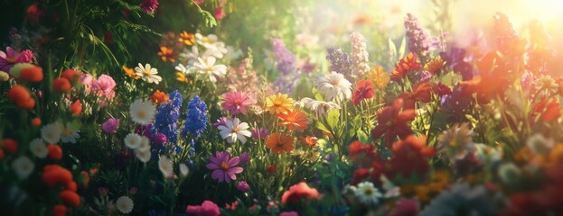 Fototapeta premium Garden filled with a variety of colorful flowers landscape blossoms scenery.