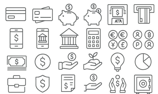 Financial icons representing saving, banking, and transactions in a modern digital context