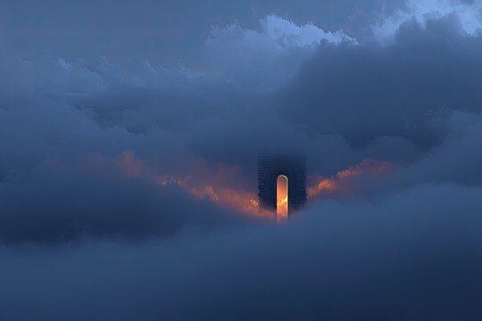 A grand archway, bathed in golden light, pierces a dramatic sky filled with swirling clouds - Powered by Adobe