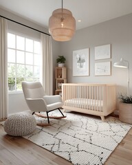 Nursery rocking chair beside crib on patterned rug and pictures on wall, home interior