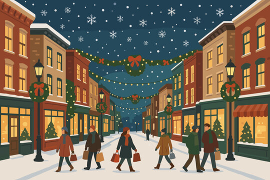 Holiday shopping in a festive town with snow and decorated streets during the evening