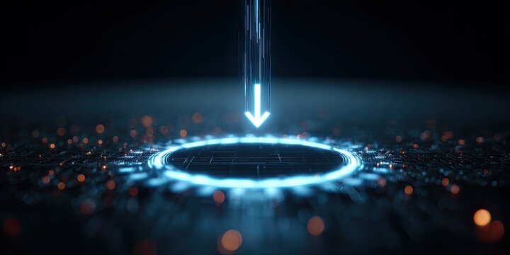 A glowing blue circular portal with a downward arrow, set against a dark, detailed background