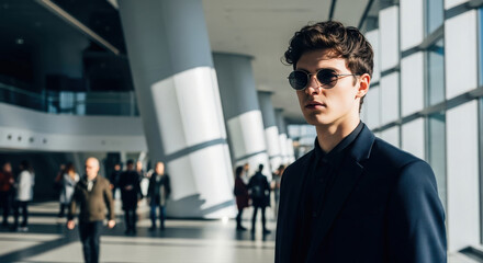 Fototapeta premium Stylish young man wearing sunglasses indoors