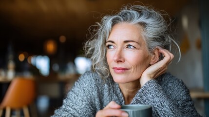 thoughtful mature woman sitting in cafeteria holding coffee mug while looking away middle aged woman drinking tea while thinking relaxing and thinking while drinking coffee no logos no brands ar 169