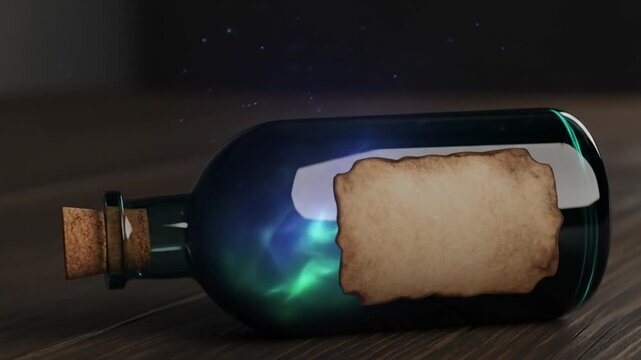 Dark Blue Glass Potion Bottle with Label on Wooden Table with Blue and Green Liquid and Sparkles in a Moody Indoor Setting
