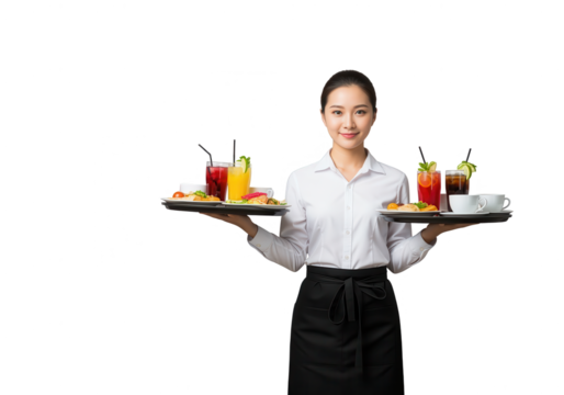 Asian Waitress Serving Drinks and Food on Trays - White Background
