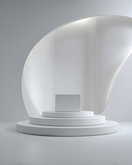 Modern white podium with curved backdrop and soft lighting