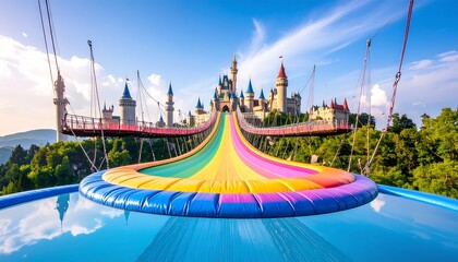 Fairytale Castle View with Rainbow Path and Water Feature Under Blue Sky