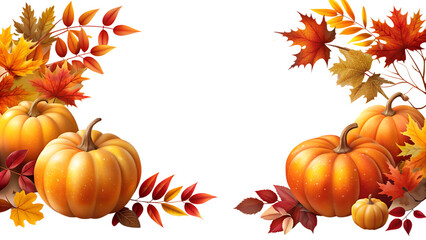 Photo of corner arrangement of pumpkins and vibrant fall leaves, creating a seasonal border on a transparent background