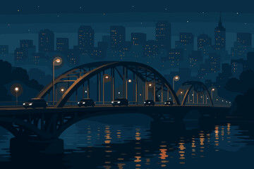 Obraz premium Evening cityscape with illuminated bridge over calm waters and skyline