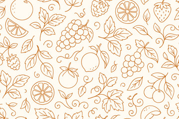 Floral and fruit pattern with hand-drawn grapes, lemons, and berries on a light background