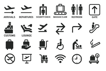 Airport signage displaying various travel-related icons for arrivals, departures, and passenger services