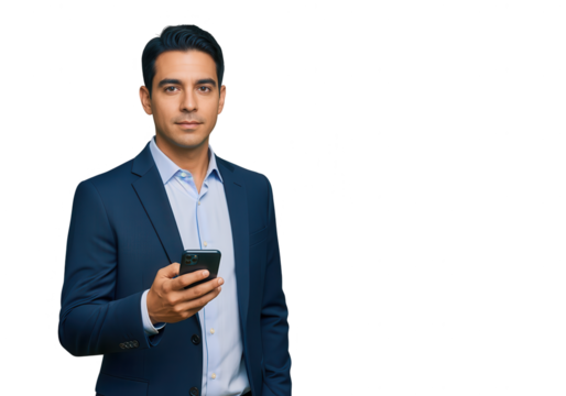 Confident Businessman Using Smartphone, White Background