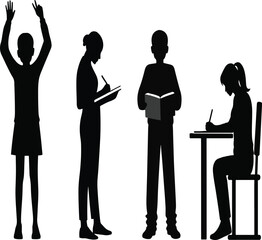 Student Silhouettes Set, Studying, Learning, and Achievement Vector Illustration