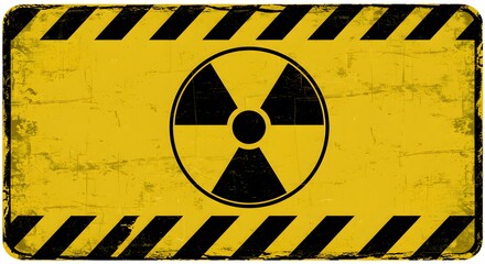 Radiation hazard warning background with the nuclear trefoil symbol on a distressed yellow surface with black stripes. Industrial danger and toxic alert.