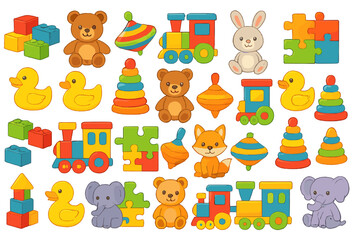 Fototapeta premium Colorful collection of cartoon toys including animals, building blocks, and trains arranged in a playful layout