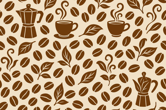 Coffee-themed design featuring coffee cups, leaves, and beans in a warm color palette for coffee lovers