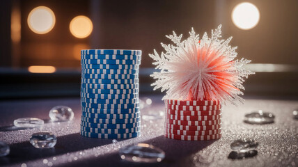 Two stacks of poker chips, one blue and one red, covered in a thin layer of ice and snow on a dark, textured surface