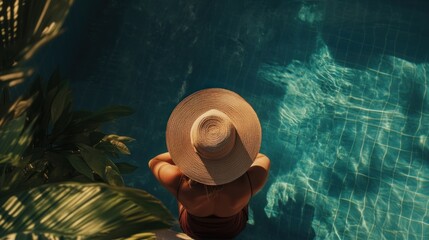 Person lounging pool hat summer.