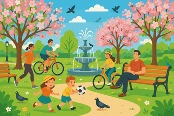 Naklejka premium Families enjoy a sunny day in a park with flowering trees and playful activities in springtime
