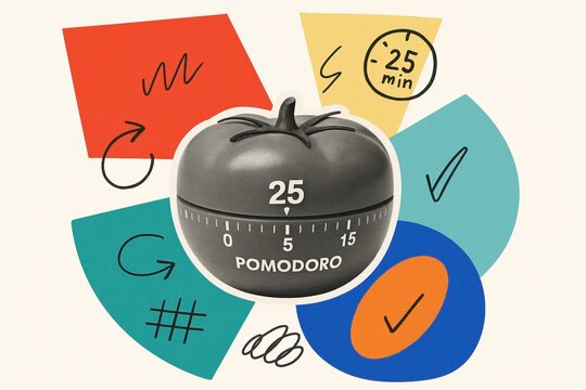 colorful modern collage featuring pomodoro timer with abstract shapes and doodles on a light background conveying productivity and time management