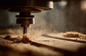 Close-up of CNC router carving wood.  Fine wood dust erupts in a spray from the cutting tool.  A powerful machine is precisely shaping the material