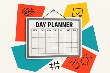 Blank day planner on collage with colorful geometric shapes and icons, planning and organization concept