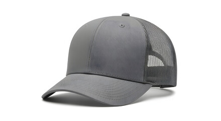 A classic gray trucker hat with a breathable mesh back, shown on a clean white background. Blank baseball cap for design mockups.