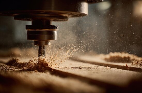 Close-up of CNC router carving wood.  Fine wood dust erupts in a spray from the cutting tool.  A powerful machine is precisely shaping the material - Powered by Adobe
