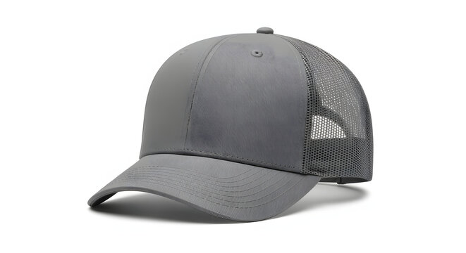 A classic gray trucker hat with a breathable mesh back, shown on a clean white background. Blank baseball cap for design mockups.