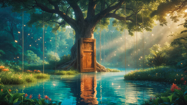 Mystical Tree with Door by Serene Lake
