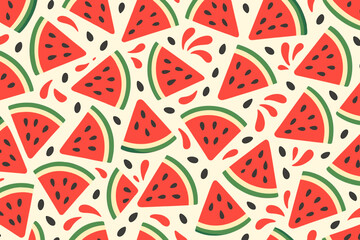 Fototapeta premium Seamless Watermelon Pattern with Juicy Red Slices, Seeds, and Splash Elements on Light Background – Summer Fruit Design