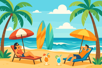Fototapeta premium Relaxing summer beach scene with man and woman lounging under umbrellas, palm trees, surfboards, and tropical drinks by the ocean
