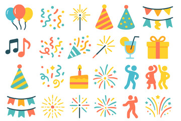 Colorful Party Celebration Icons with Balloons, Confetti, Fireworks, Music, Drinks, and Dancing Figures on Gradient Background