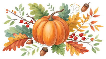 Naklejka premium Photo of a central orange pumpkin surrounded by a decorative arrangement of autumn leaves, berries, and acorns, isolated on a transparent background, perfect for seasonal designs