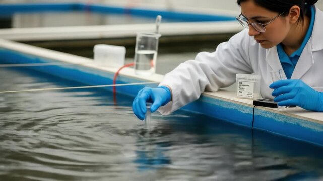 Scientist conducts water quality sampling in laboratory with precision and care