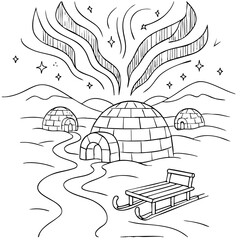 Coloring page of an igloo village under northern lights with snow-covered paths and a sled parked outside – simple outline
