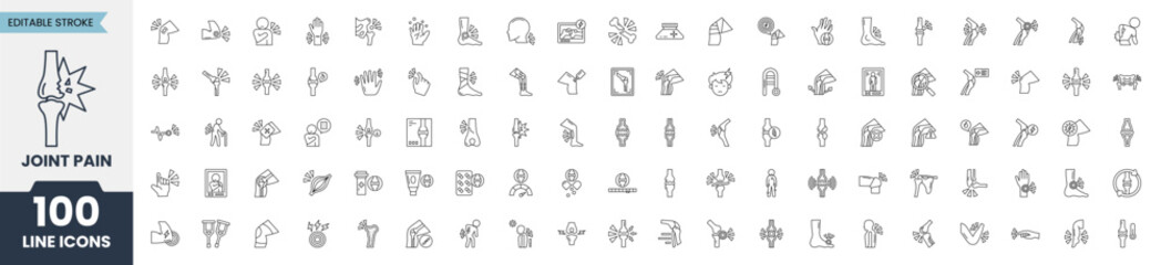 Joint Pain line editable icon set. Human joints, knees, hands, pain in limbs and more. Vector illustration